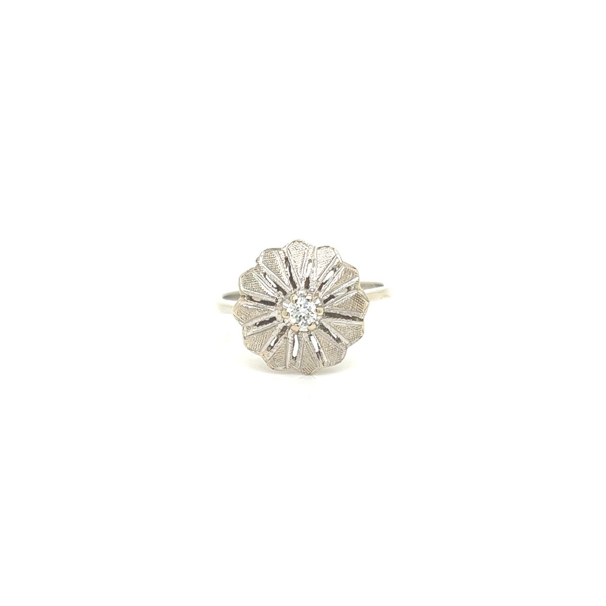 Anillo Vintage Oro Blanco 14K Flor Art Deco con Diamante Central