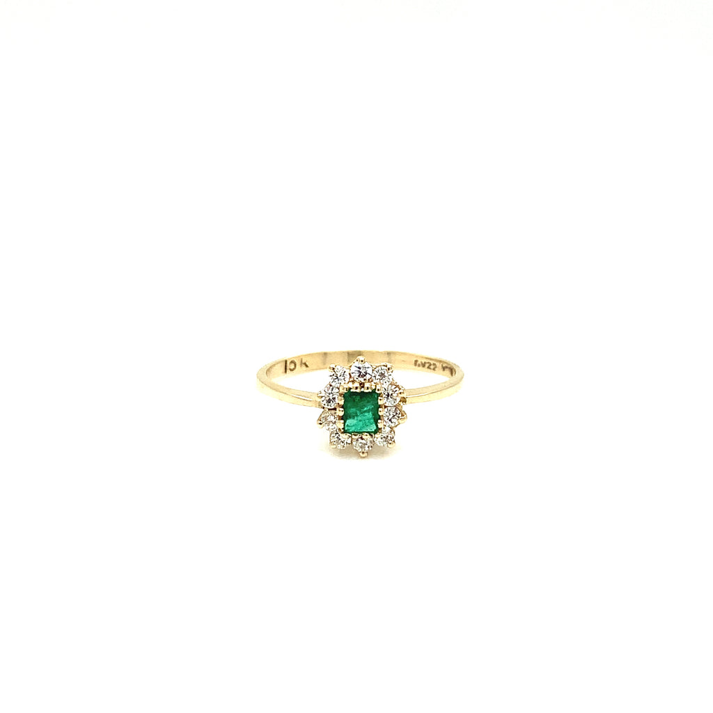 Anillo Vintage Oro 10K Esmeralda Corte Rectangular con Halo Zirconias